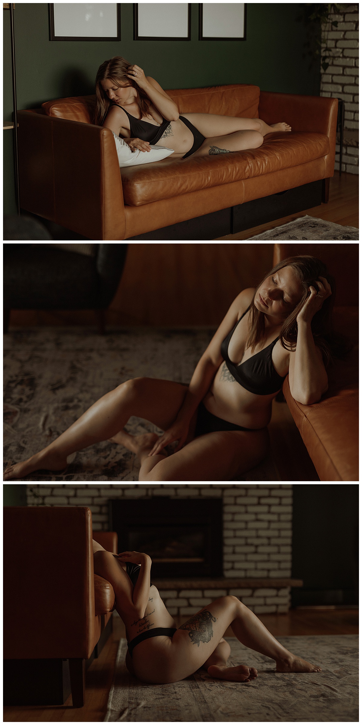 Woman sits on a couch Wearing a Cozy Outfits For a Boudoir Home Session