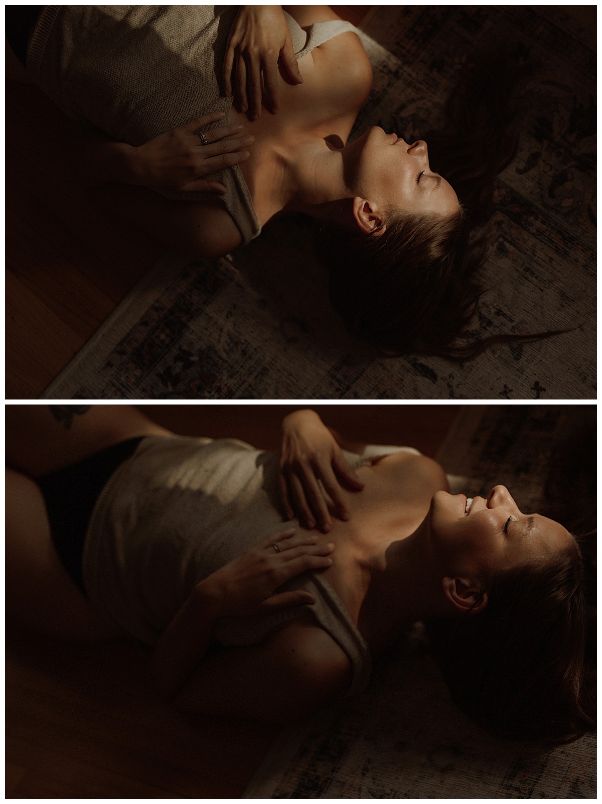 Female lays on the floor covering her chest by Minneapolis Boudoir Photographer