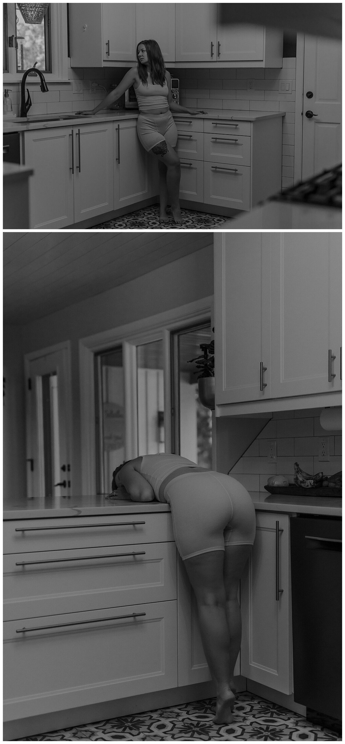 Female leans over the counter for Minneapolis Boudoir Photographer