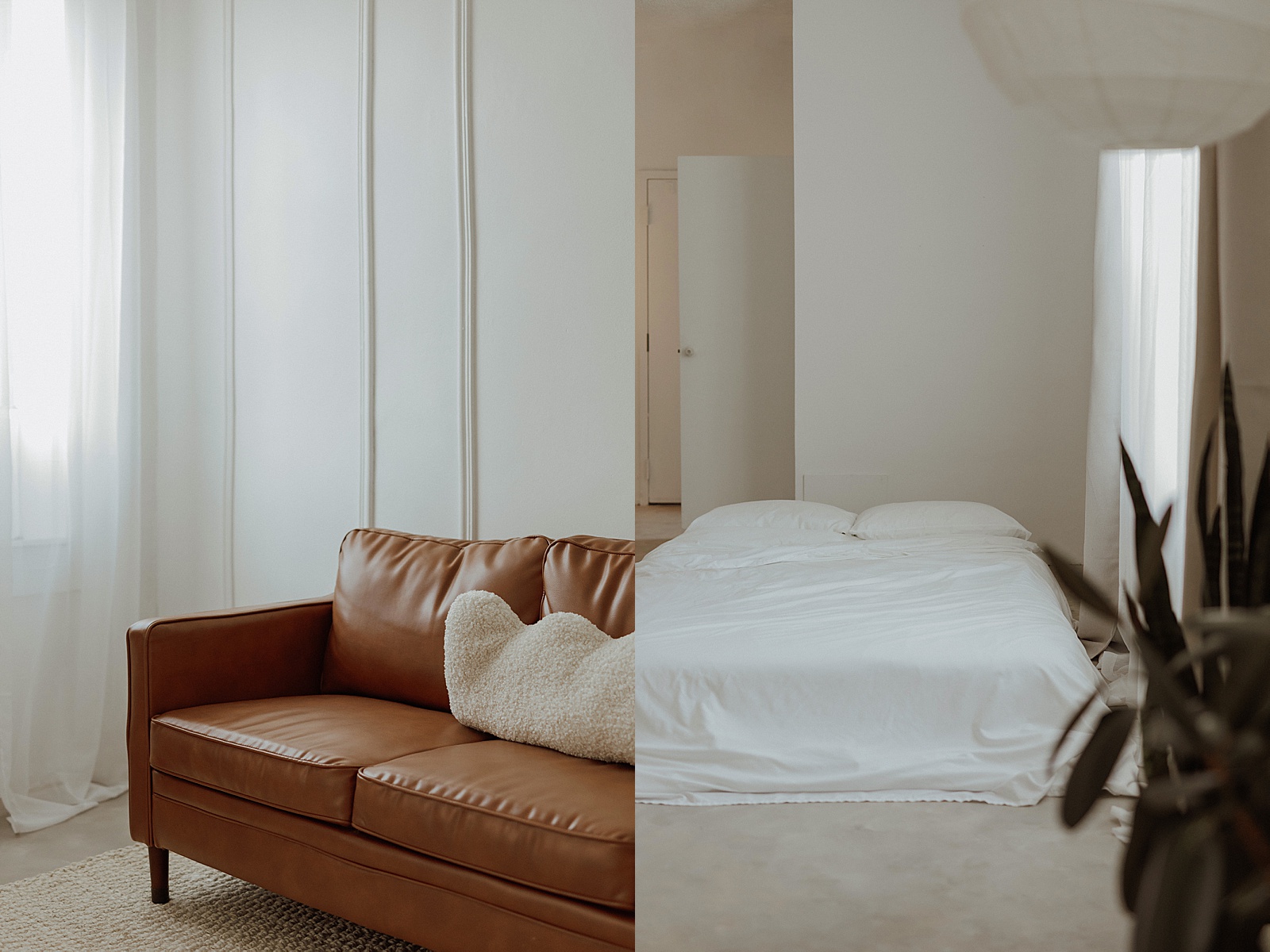 bed with white sheets on the ground by Minneapolis boudoir photographer