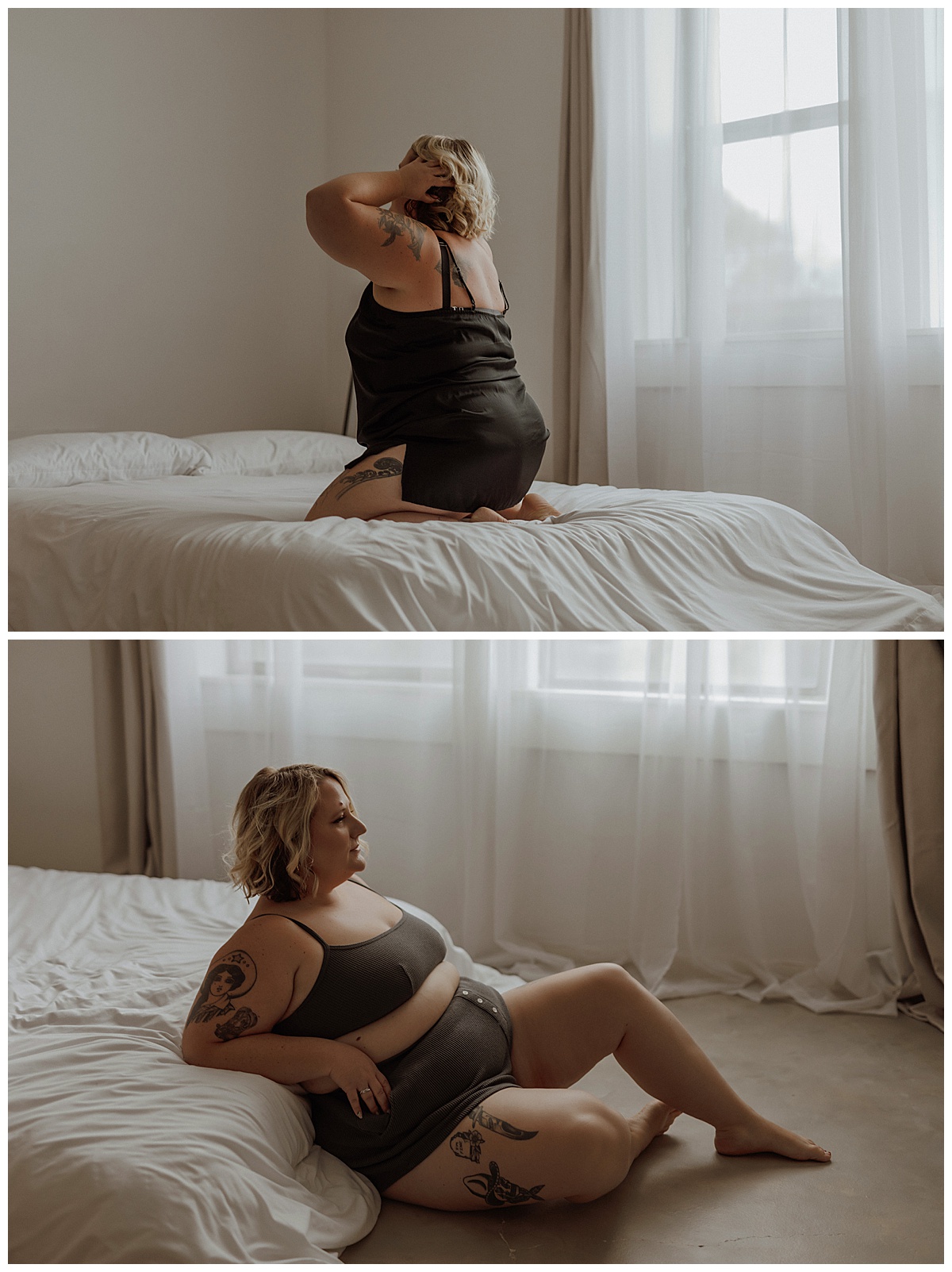 Woman wears black lingerie and sits on the bed showing that boudoir is an Empowering Experience