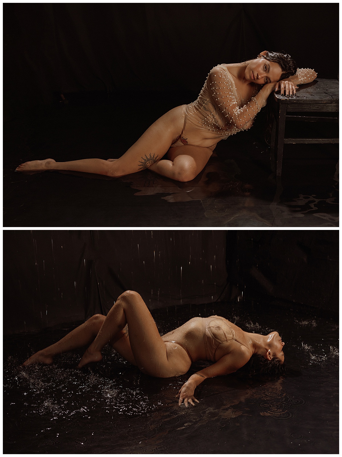 Woman lays on the floor during her Rain Room boudoir session