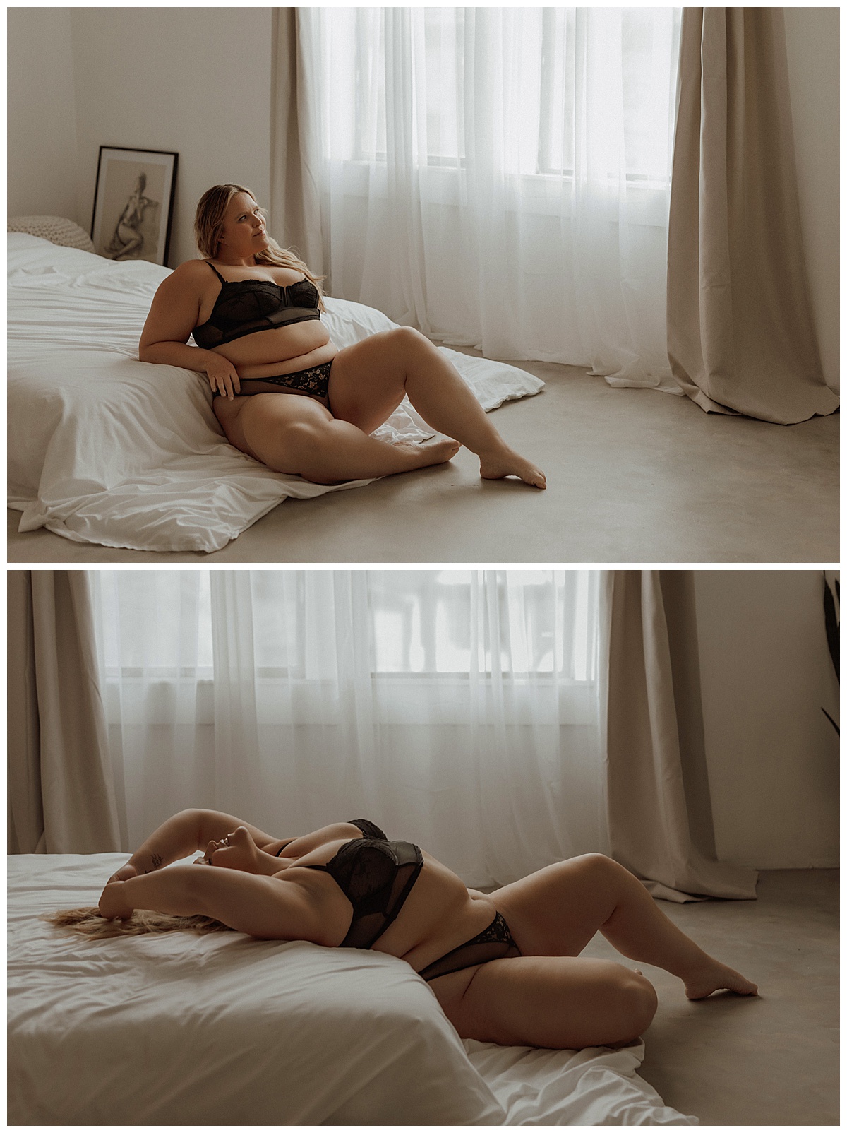 A woman lays on the floor leaning onto the bed showing why You Deserve This boudoir session