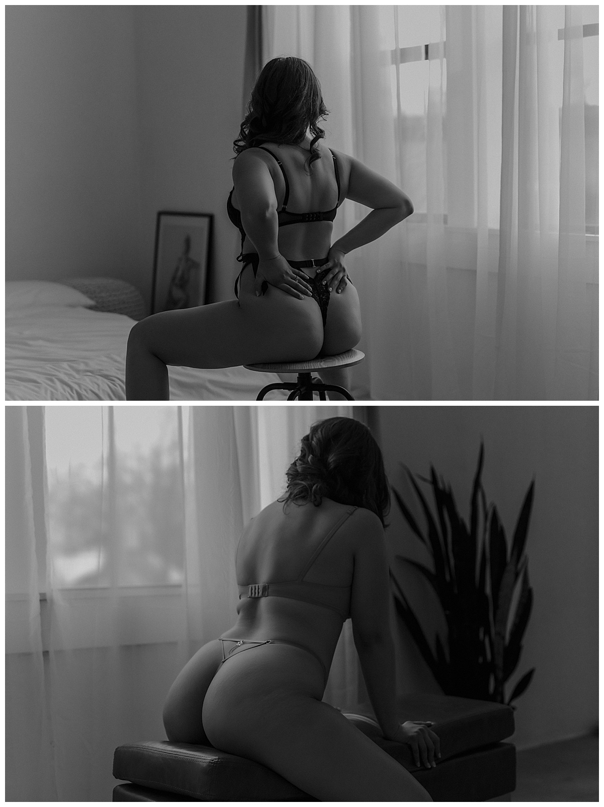 Woman wears lingerie and sits down for Mary Castillo Photography