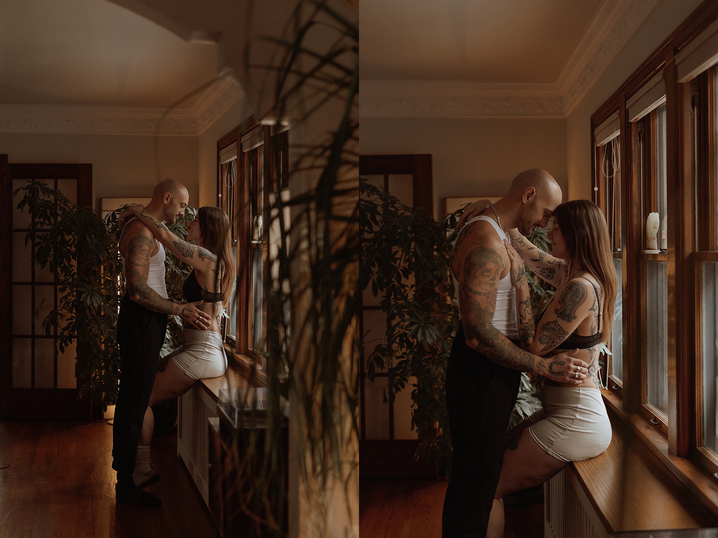 A woman sits on a cabinet with her partner during Mary Castillo couples boudoir session