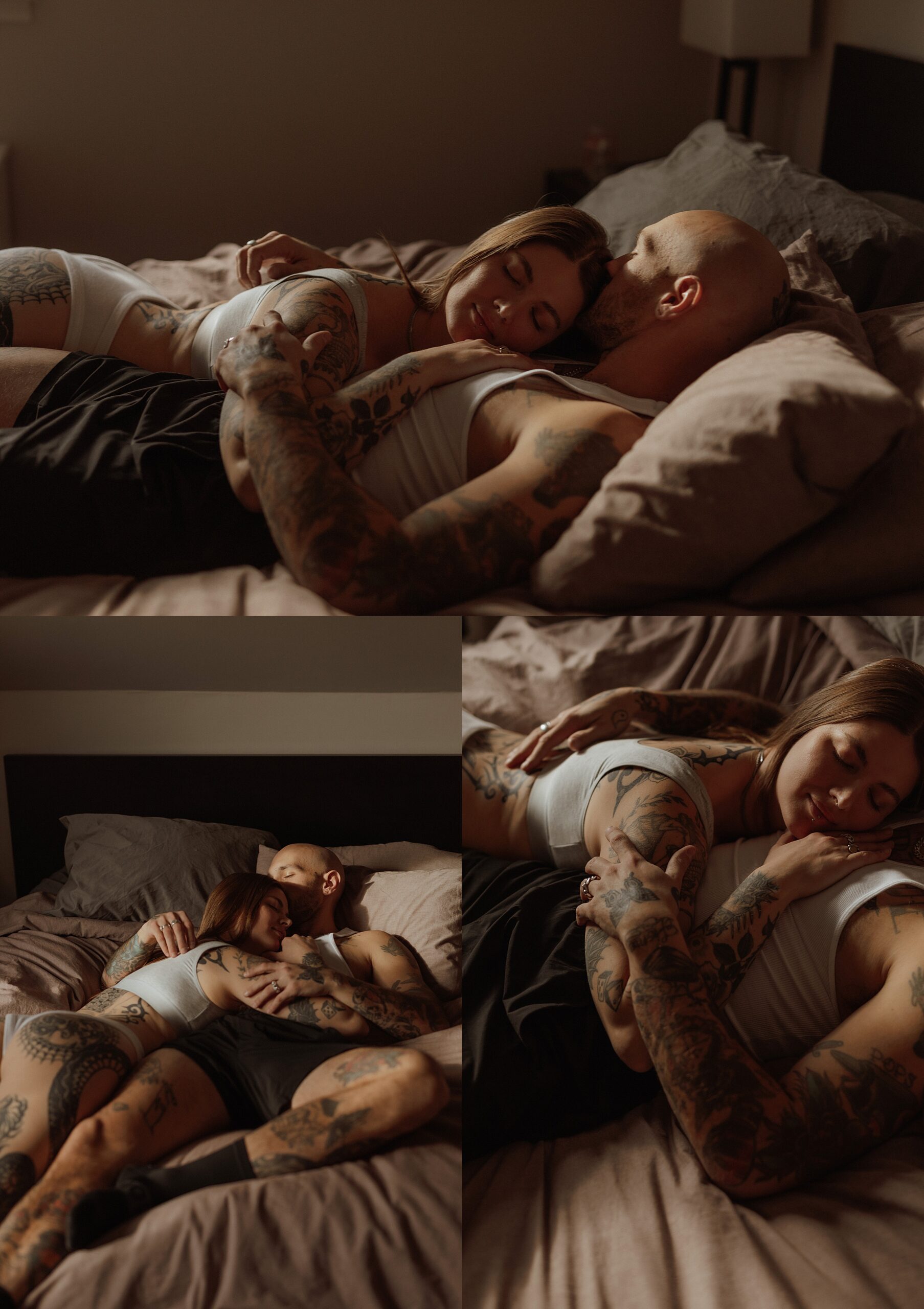 Couple with tattoos cuddles in bed with Minneapolis Boudoir Photographer