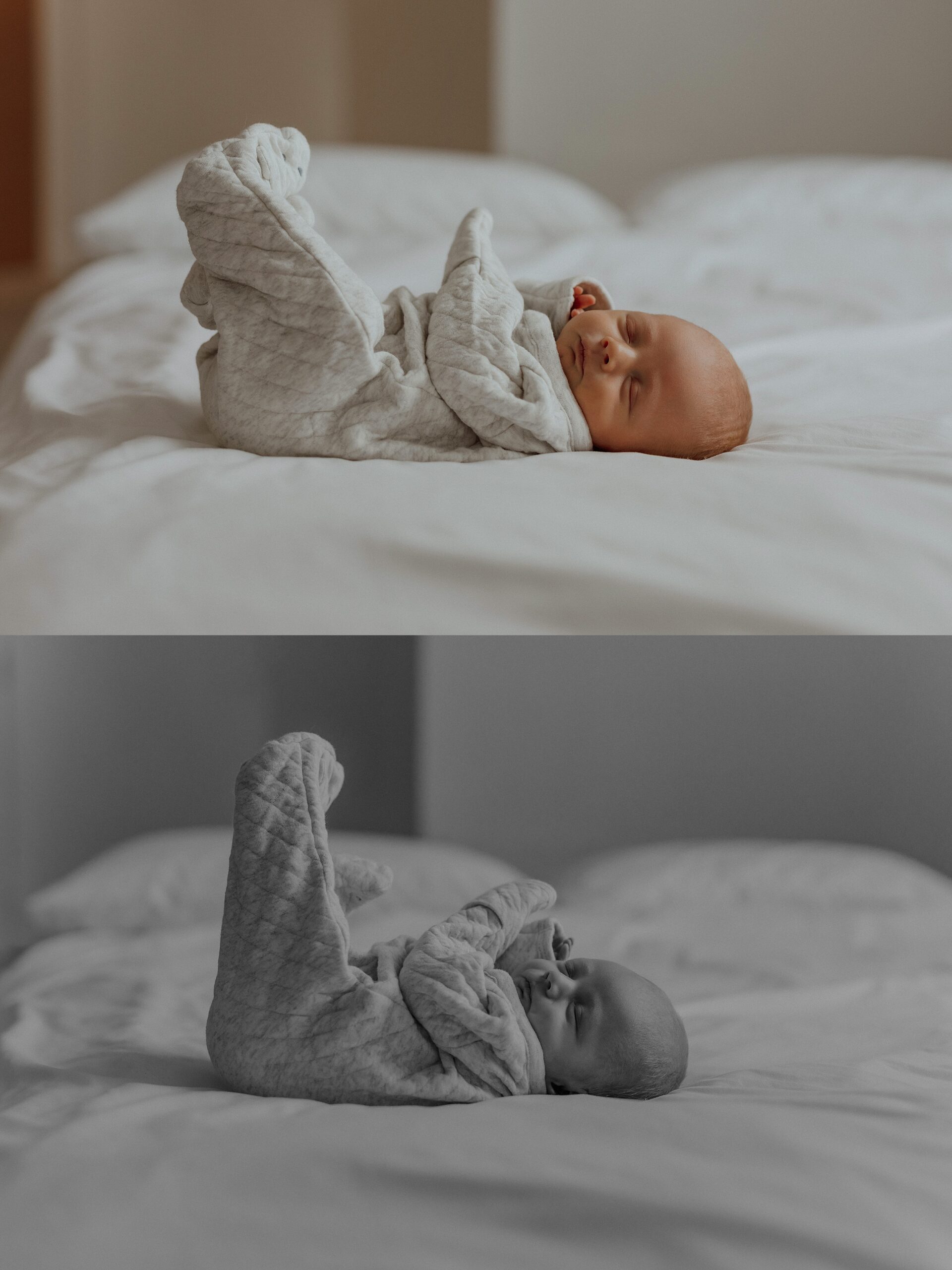 Baby lies on his back with legs in the air at intimate newborn session