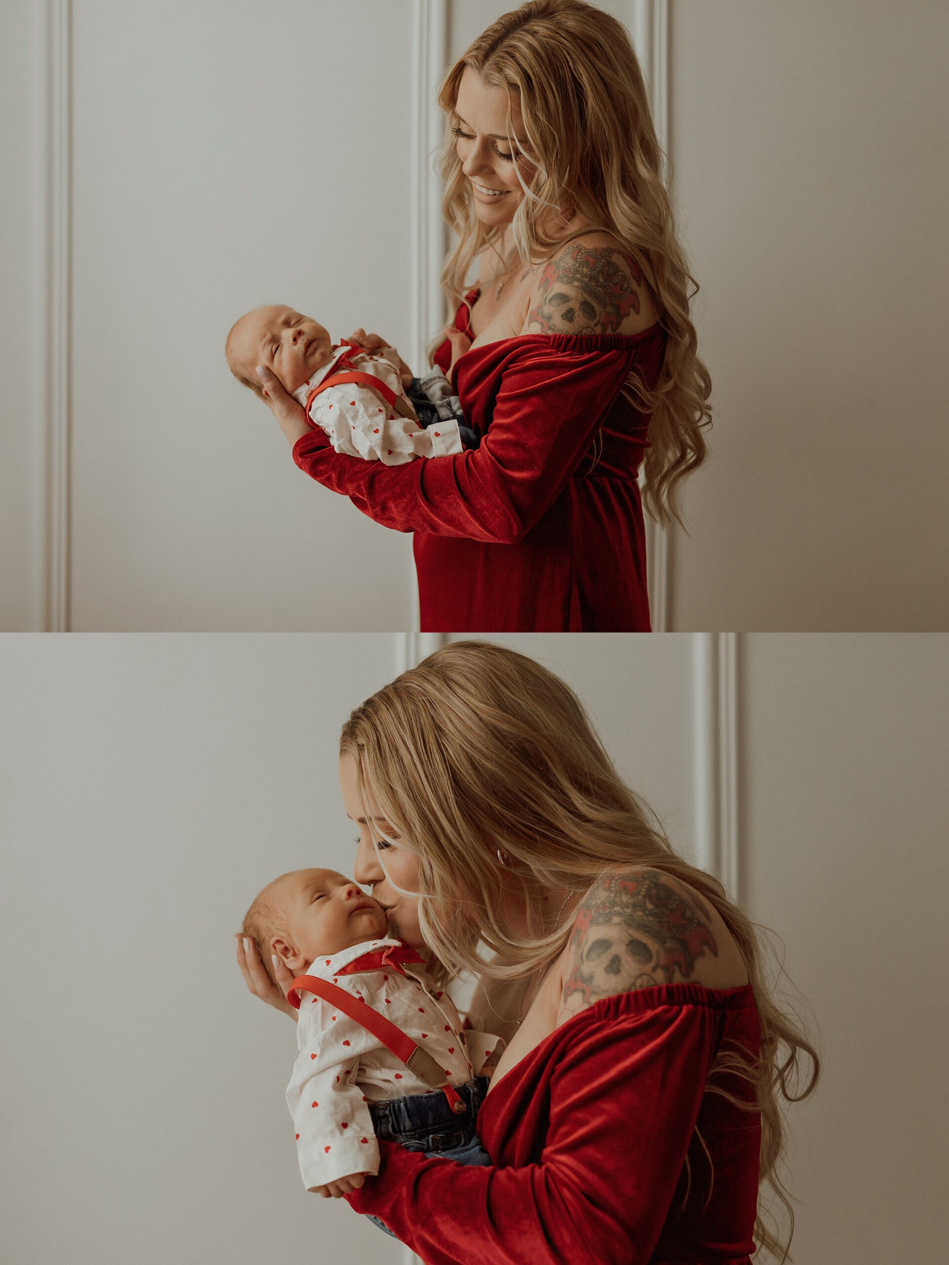 mother kisses baby's cheek in intimate newborn session