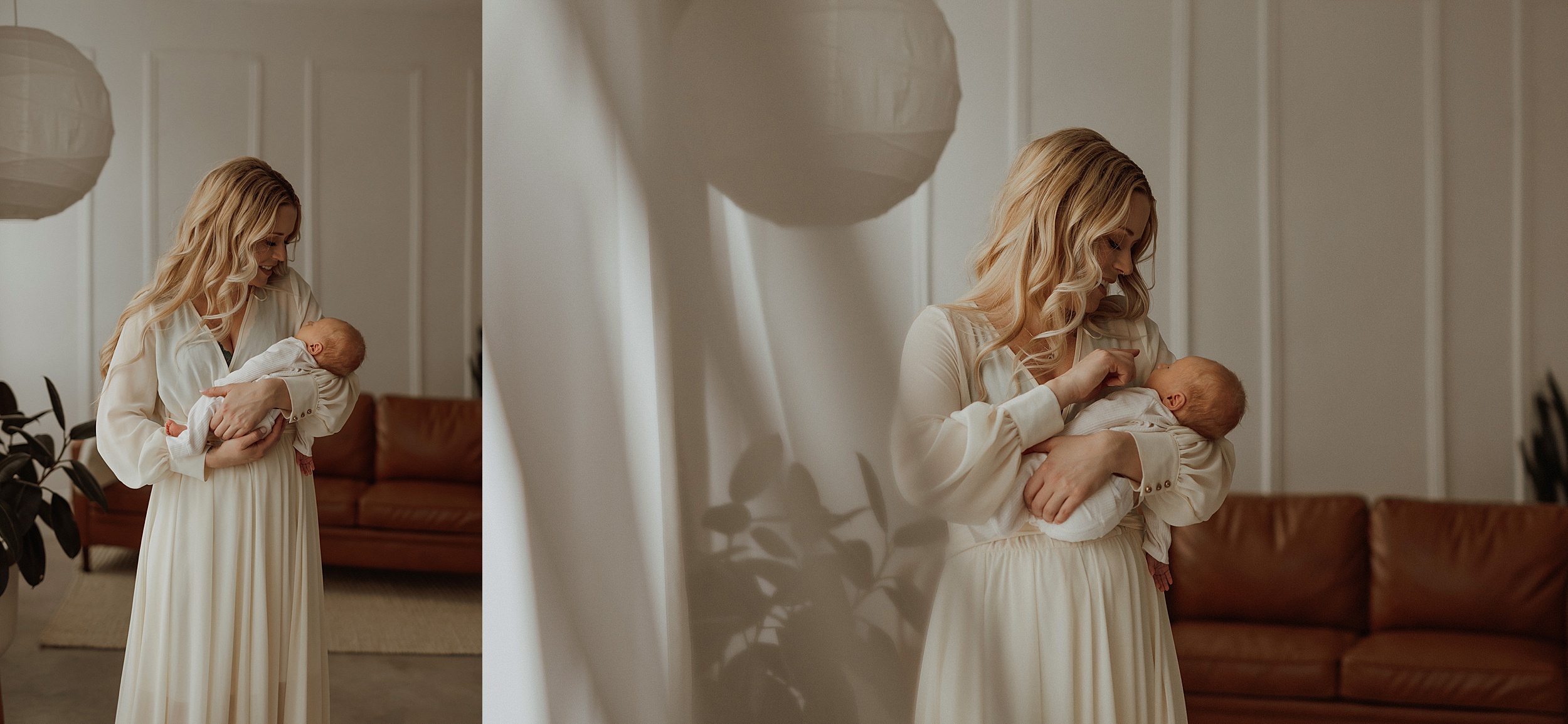 Mom in long white dress cuddles baby during intimate newborn session