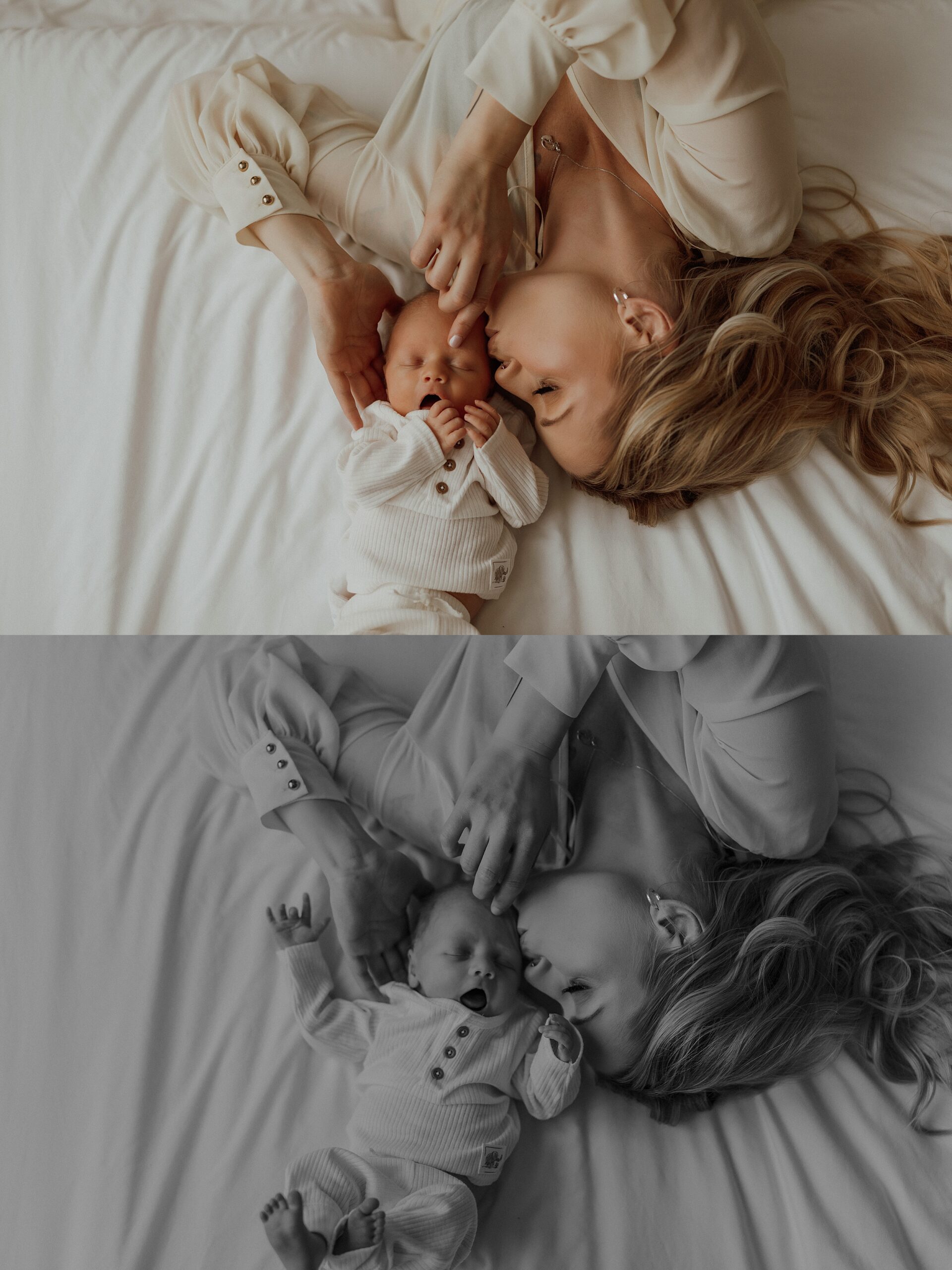 Mom kisses newborn's head while laying on their backs and baby yawns with Mary Castillo Photographer