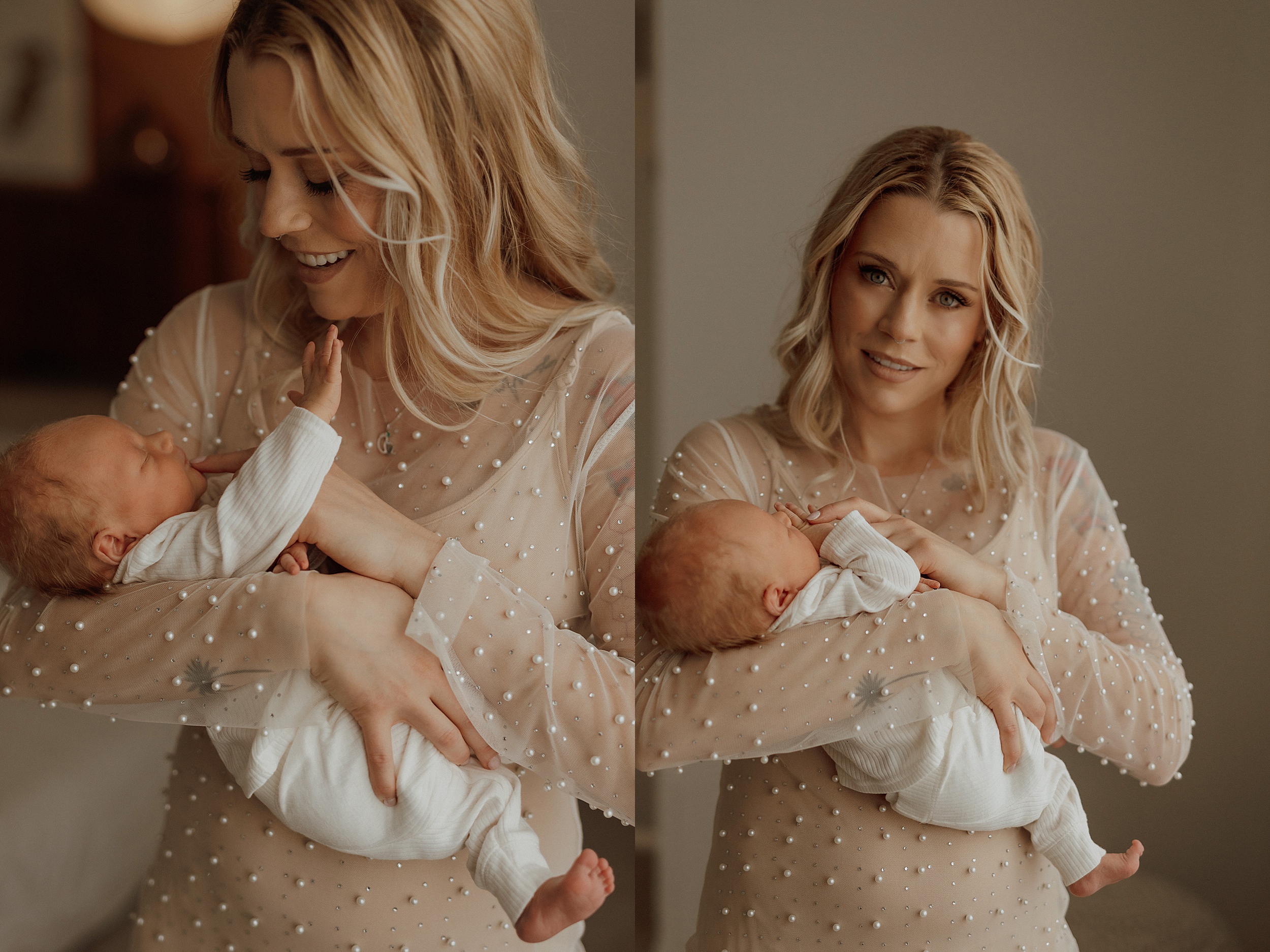 Mom soothes baby in close up photo with embellished dress photographed by Mary Castillo Photography