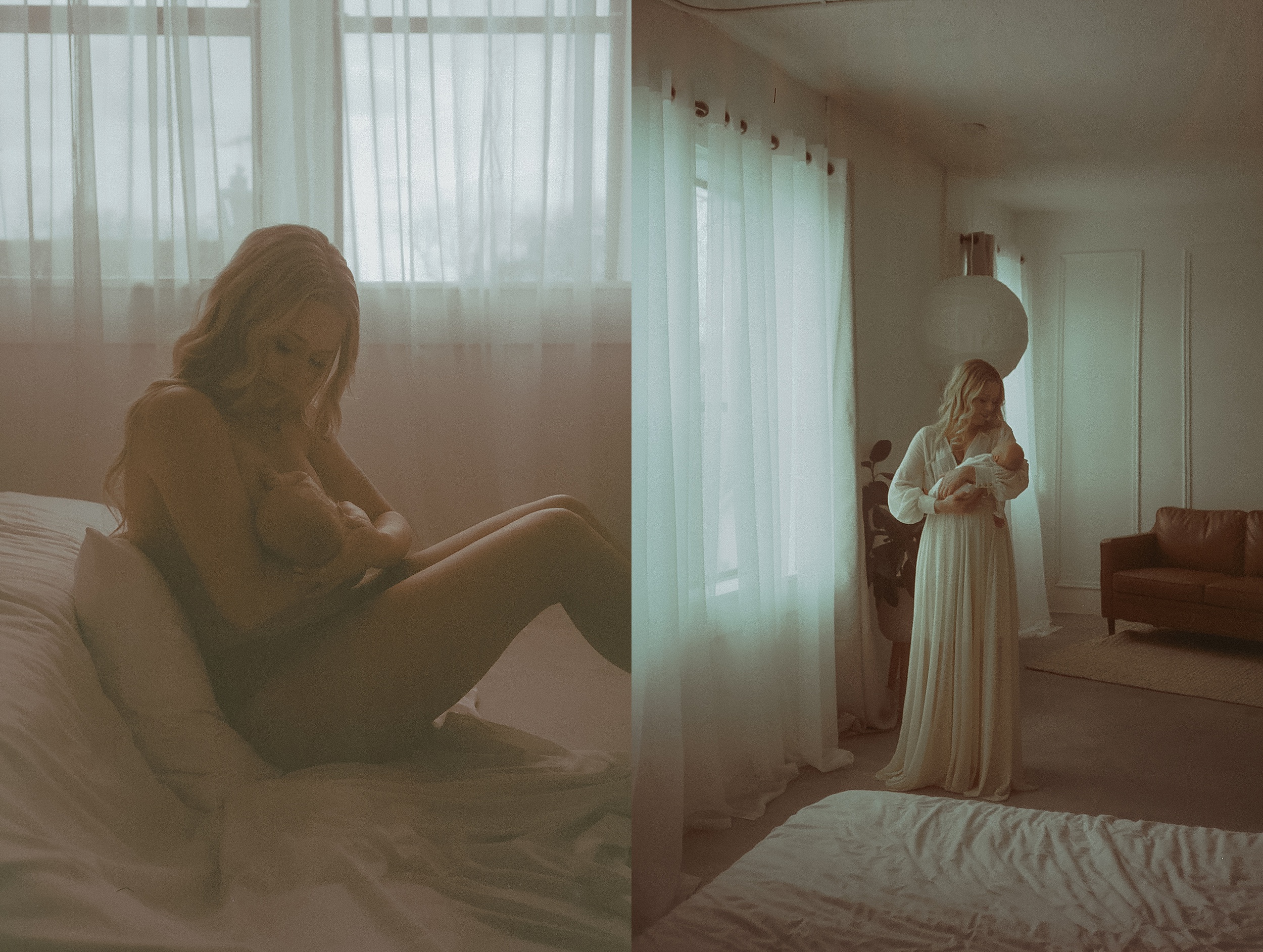 Diptych of mom breastfeeding on film with Minneapolis Boudoir Photographer