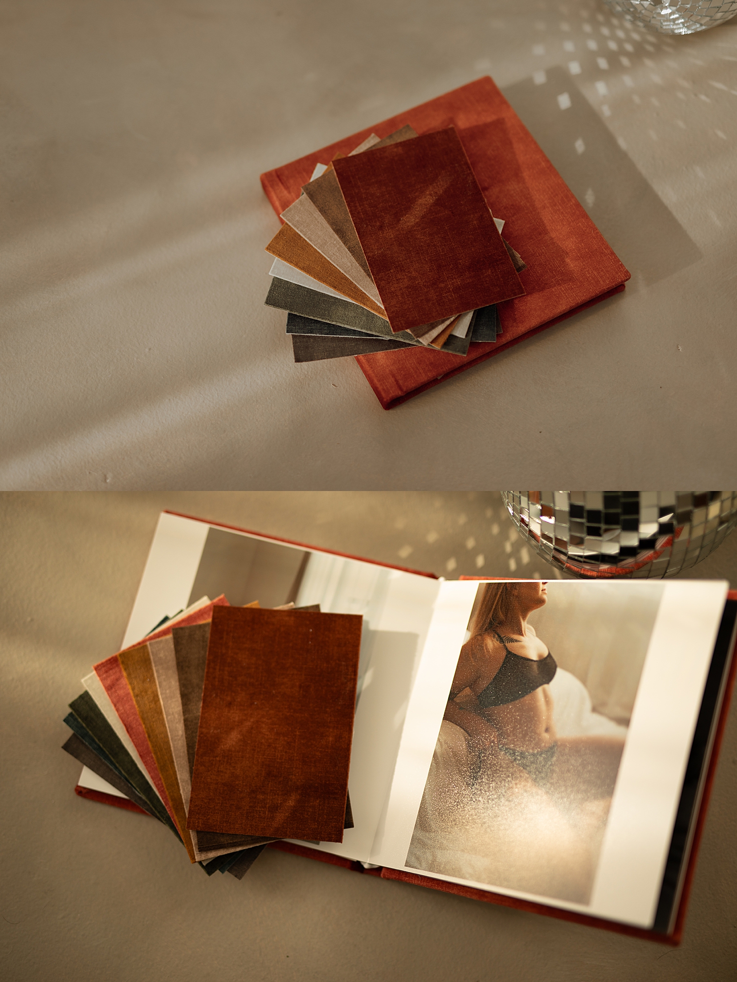 stack of fabric samples for albums for your boudoir shoot 