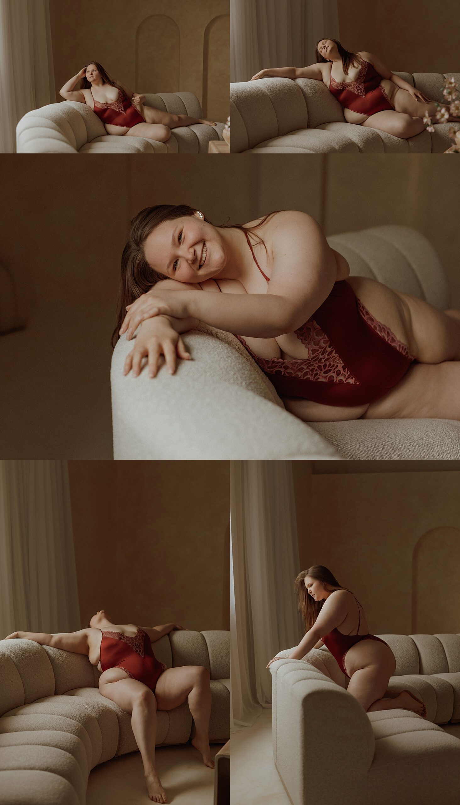woman in wine red lingerire on couch at Bonita Muze Studio
