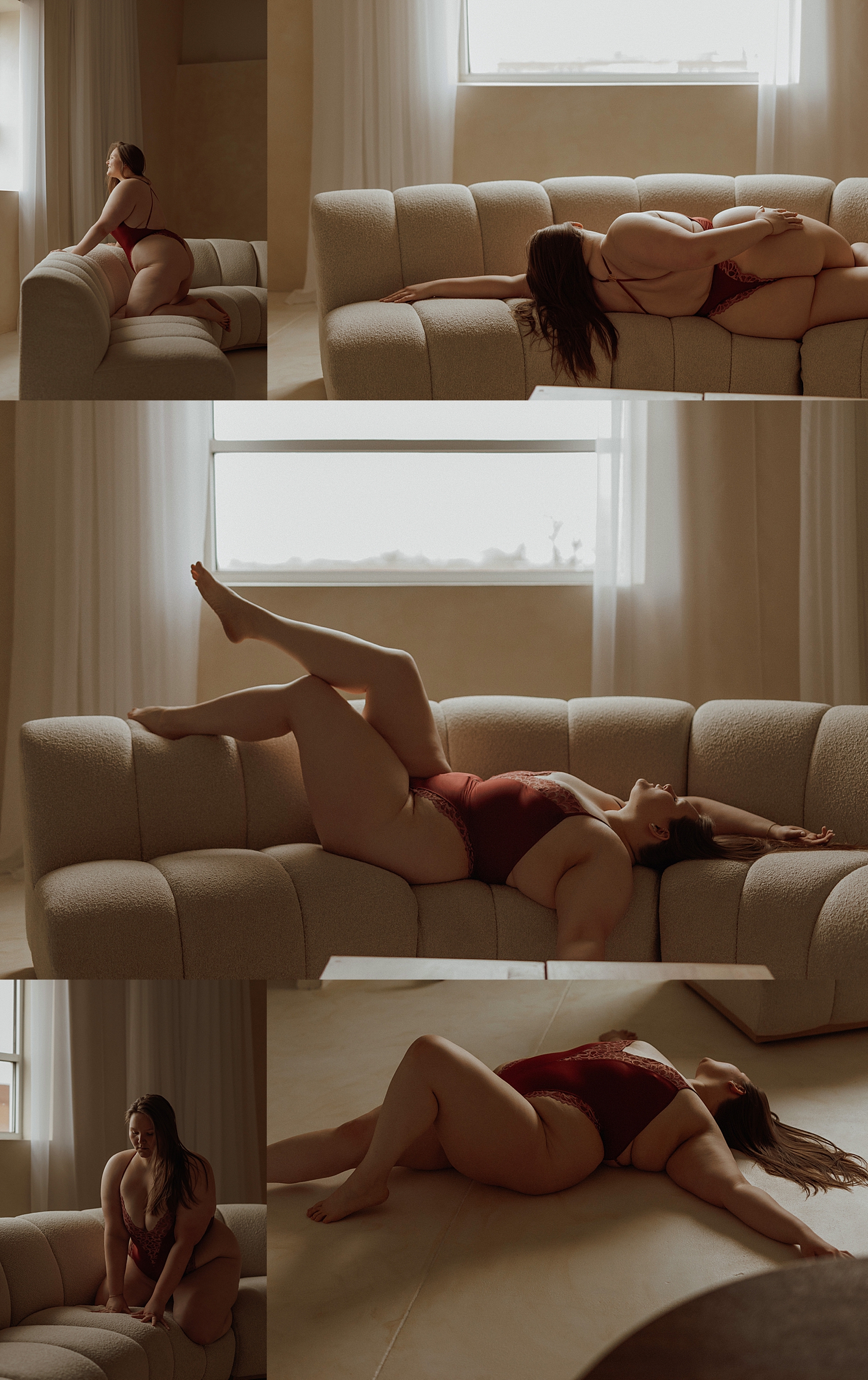 person in lace red bodysuit kneels on couch by Mary Castillo Photography