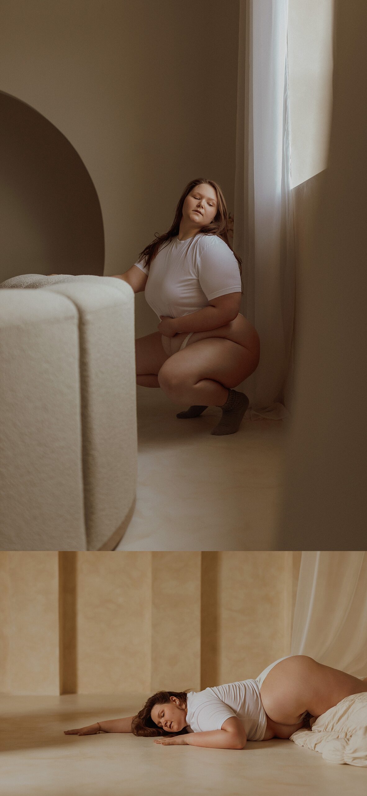 curvy woman in white tee and thong kneels by Minneapolis boudoir photographer 