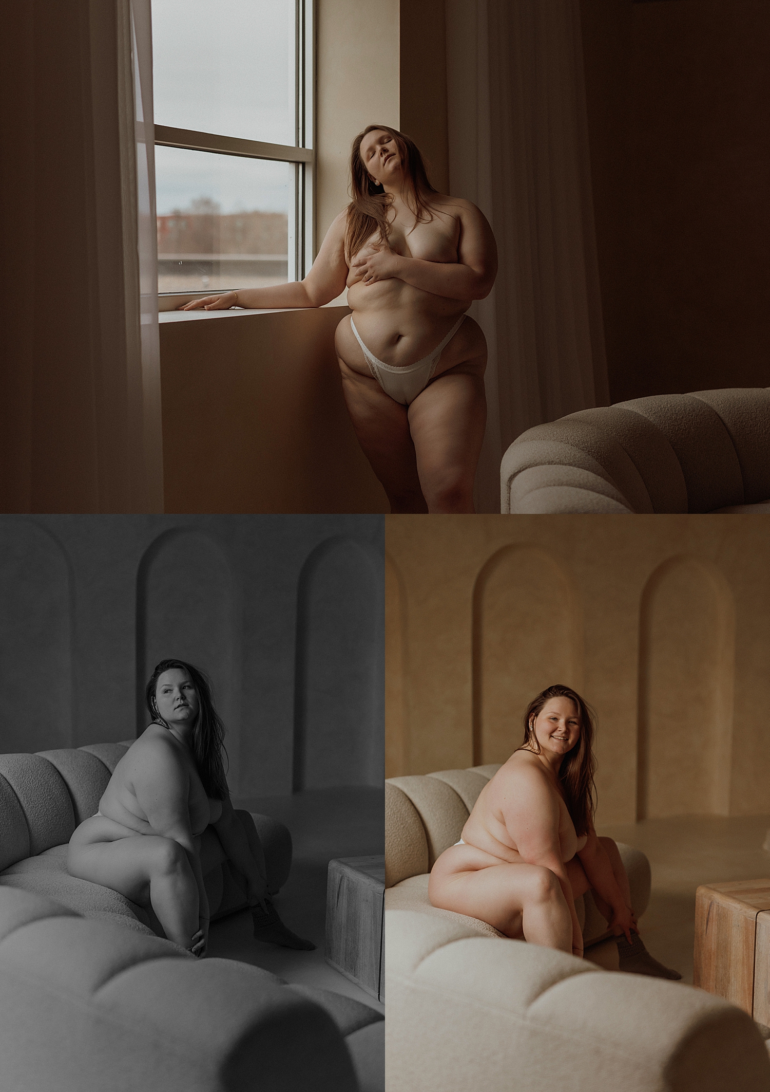 brunette stands by window topless by Mary Castillo Photography 