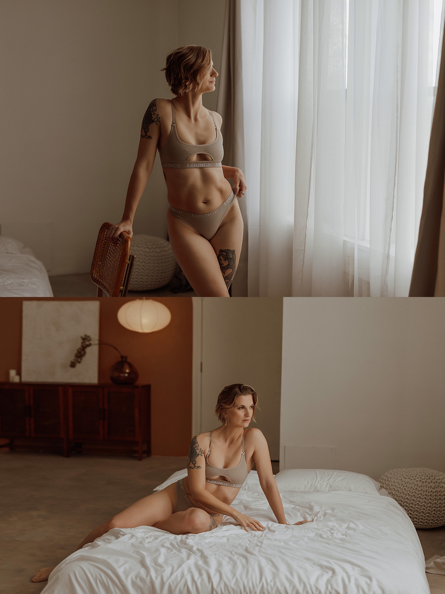 woman with Lounge lingerie sits on bed working with other artists
