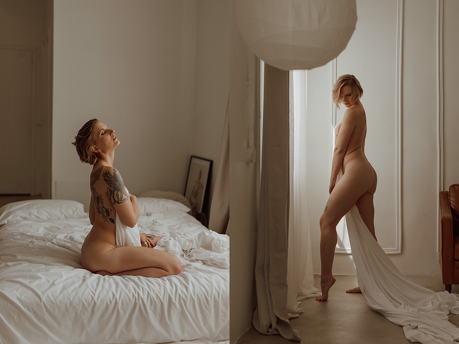 nude person stands in front of window working with other artists