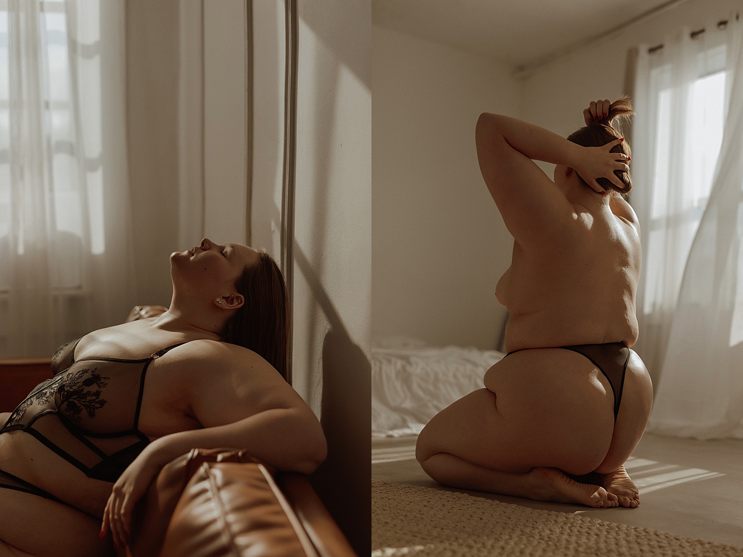brunette leans back against couch for sunset quickie