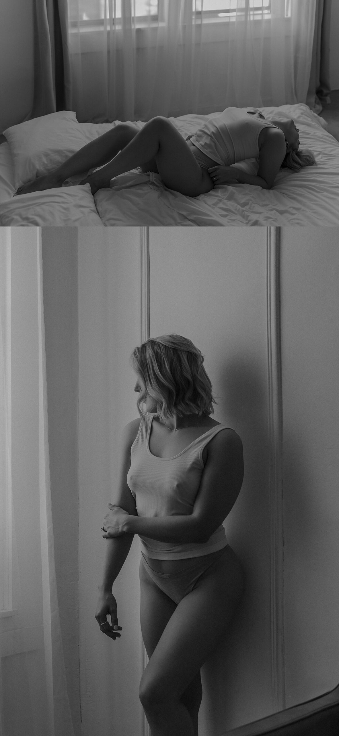 lady leans against a wall in studio by Minneapolis boudoir photographer