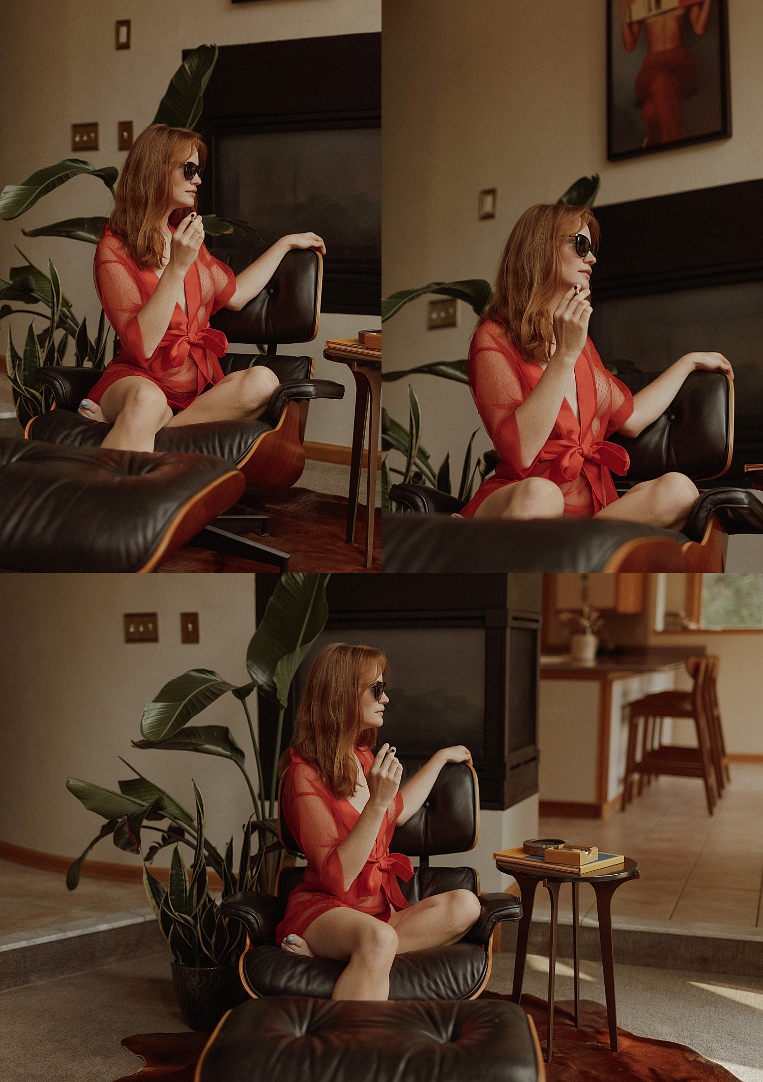 person wearing sunglasses and smoking a joint in living room by Minneapolis boudoir photographer
