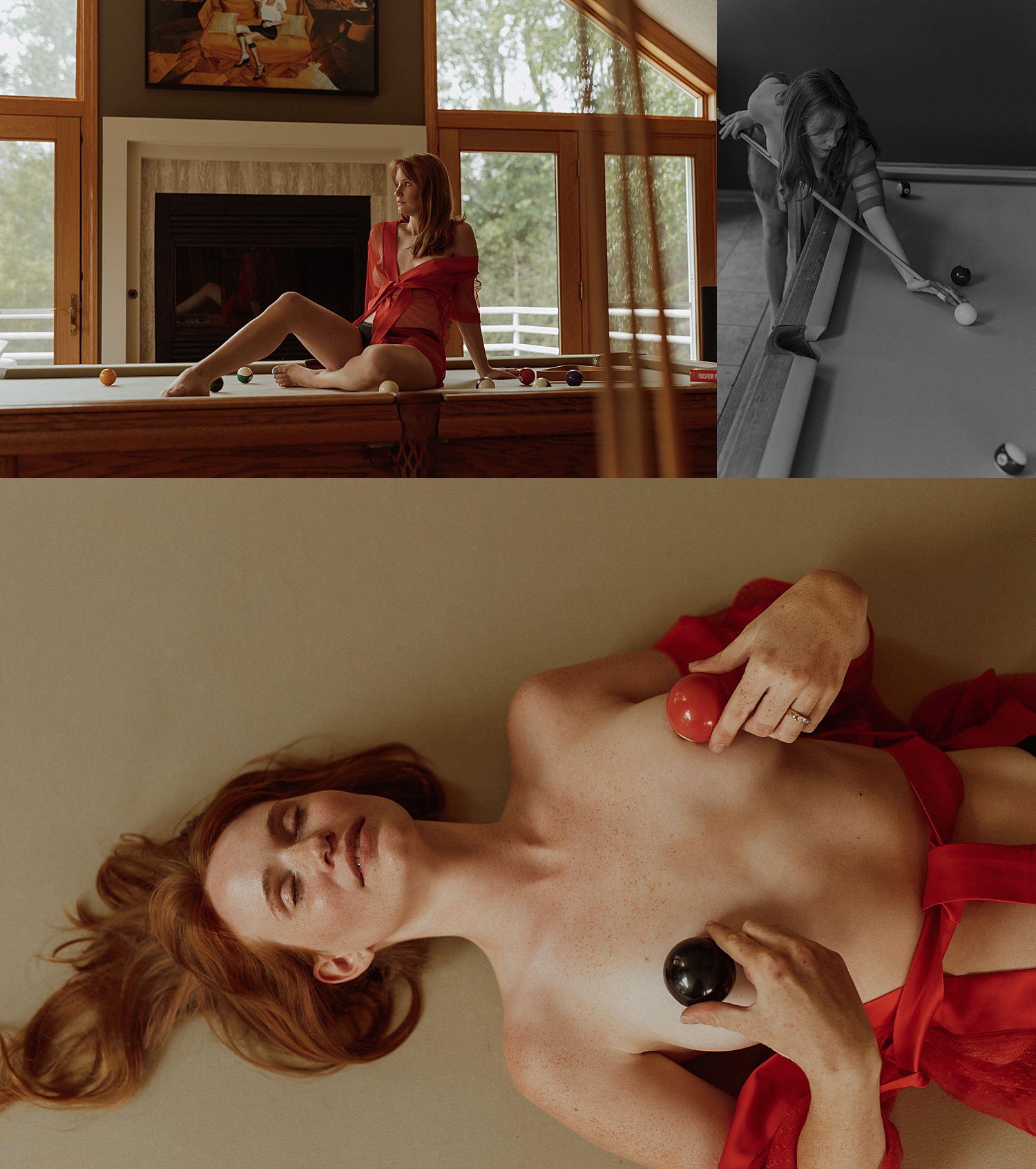 woman lies across pool table in mid-century modern home