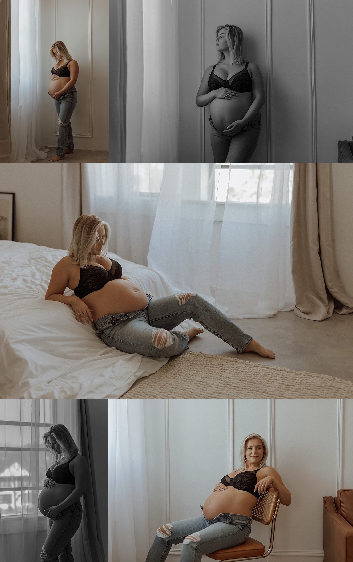 glowing mama to be leans against studio wall showing off maternity shoot outfit inspiration 