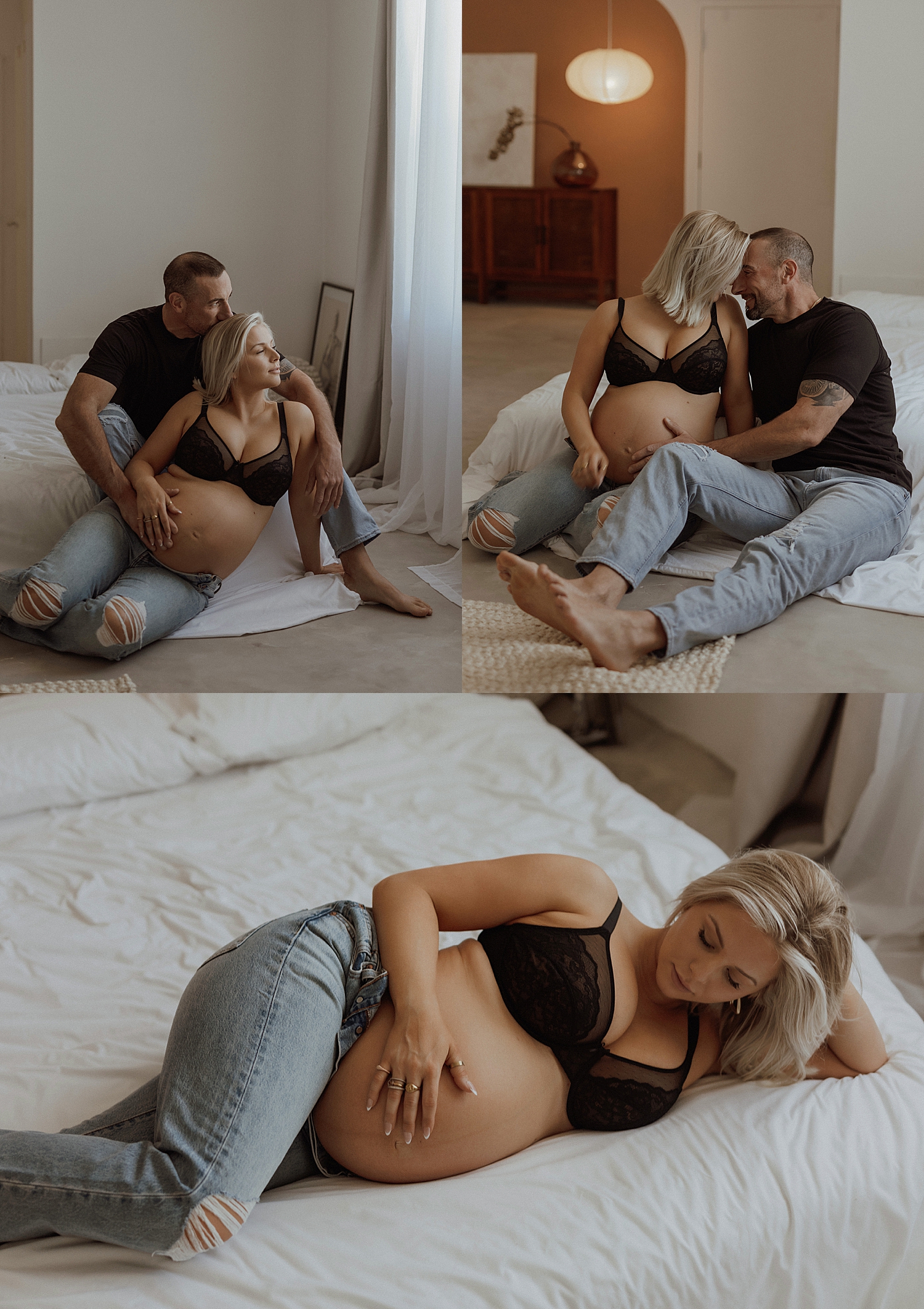 woman and man in black and demin sit on studio floor by Minneapolis boudoir photographer