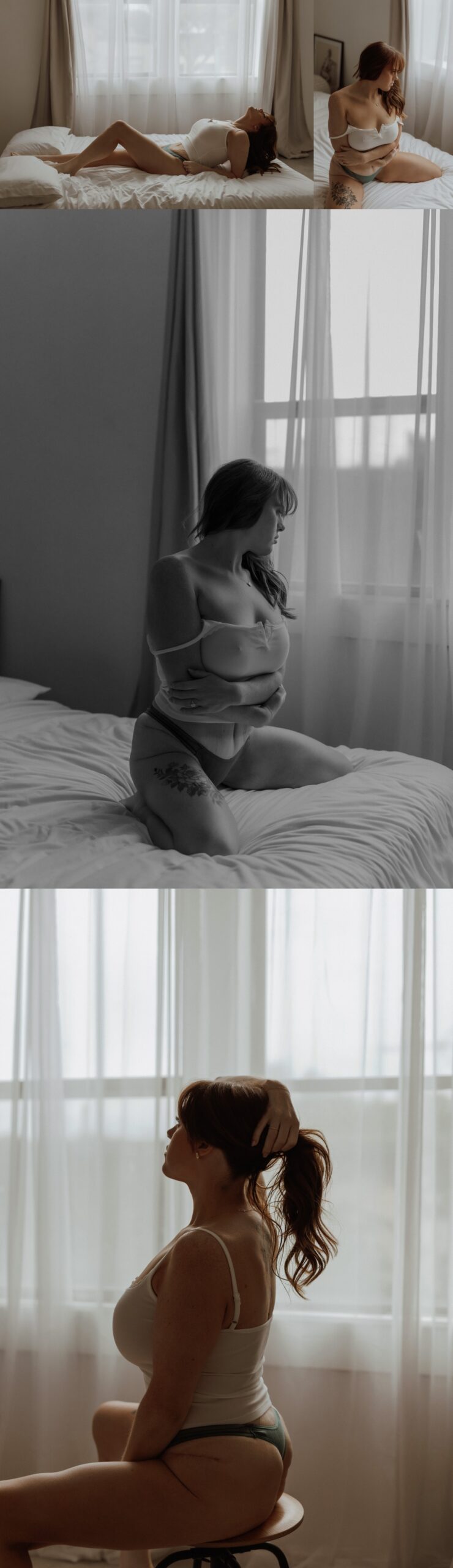 Minneapolis Boudoir Photographer captures woman in white tank top sitting on bed