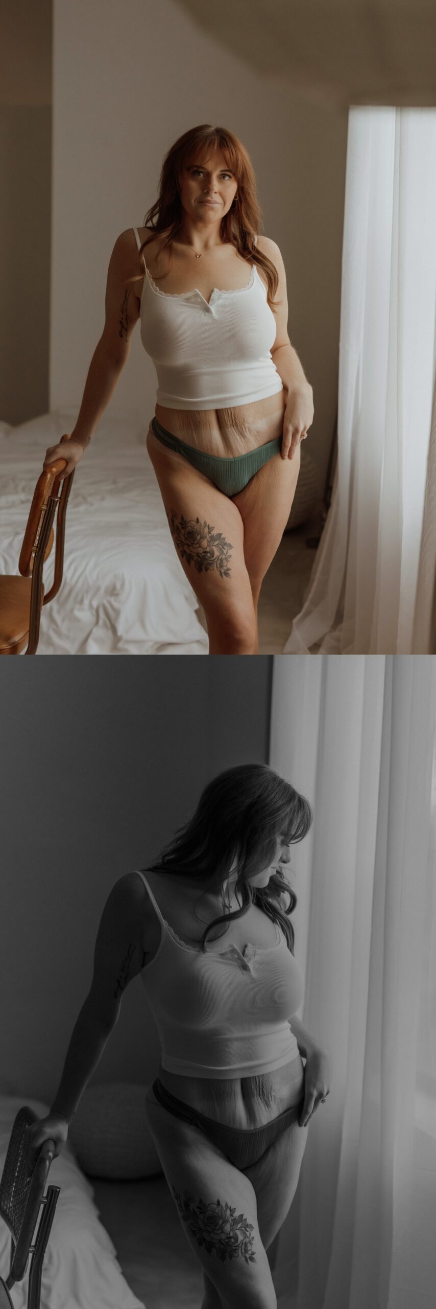 Woman in white tank and green panties poses confidently by Mary Castillo Photography