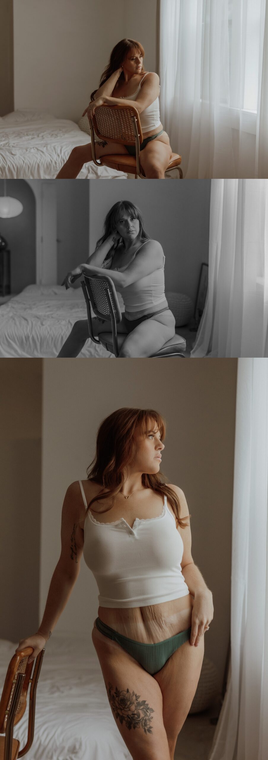 Woman in white tank and green undies looking out window during empowered portrait session