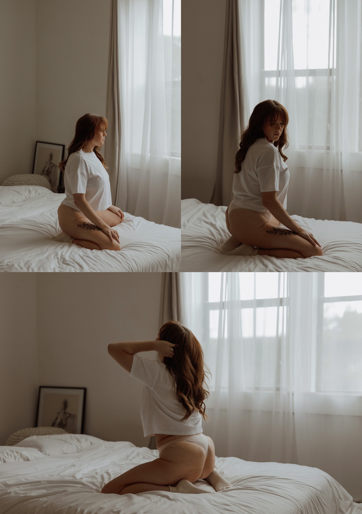 Woman sitting on bed in window light during empowered portrait session