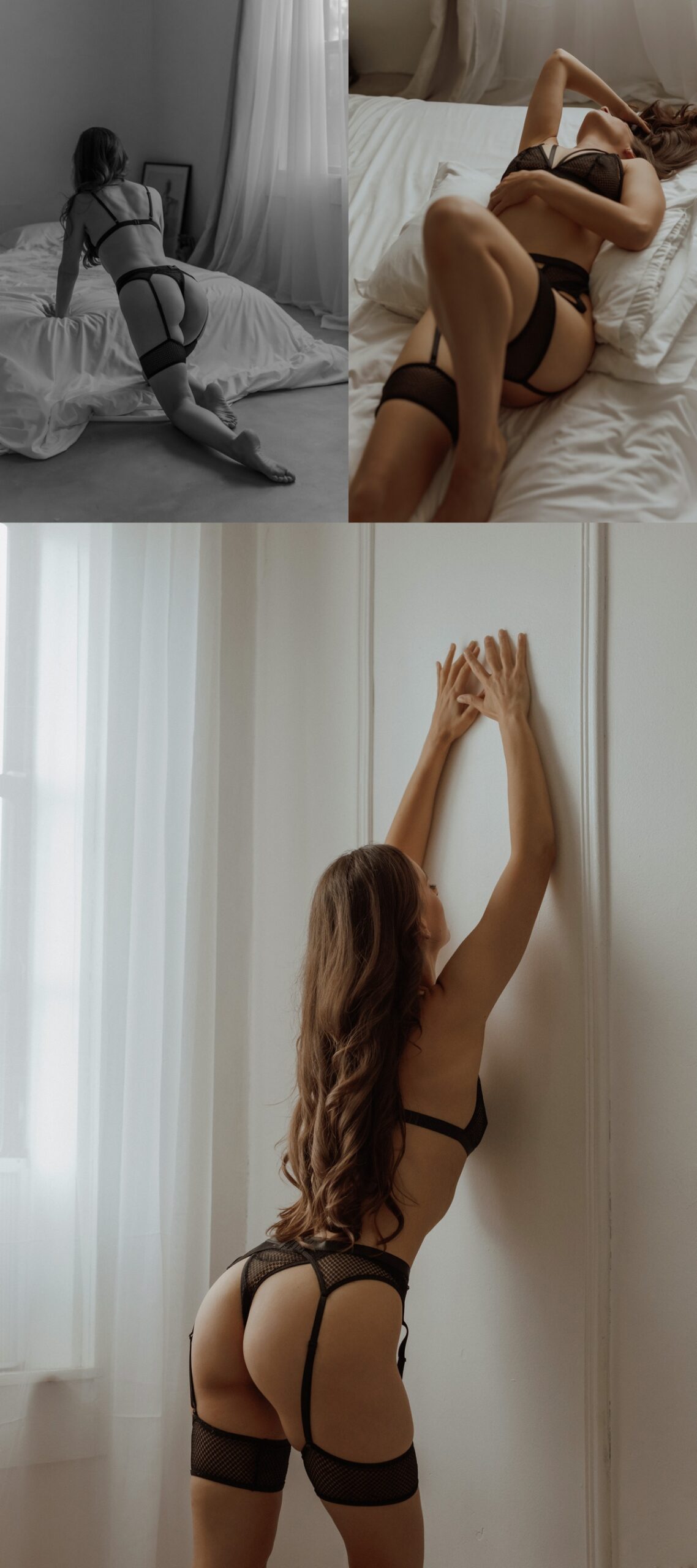 Minneapolis Boudoir Photographer captures female in black stockings stretching against wall