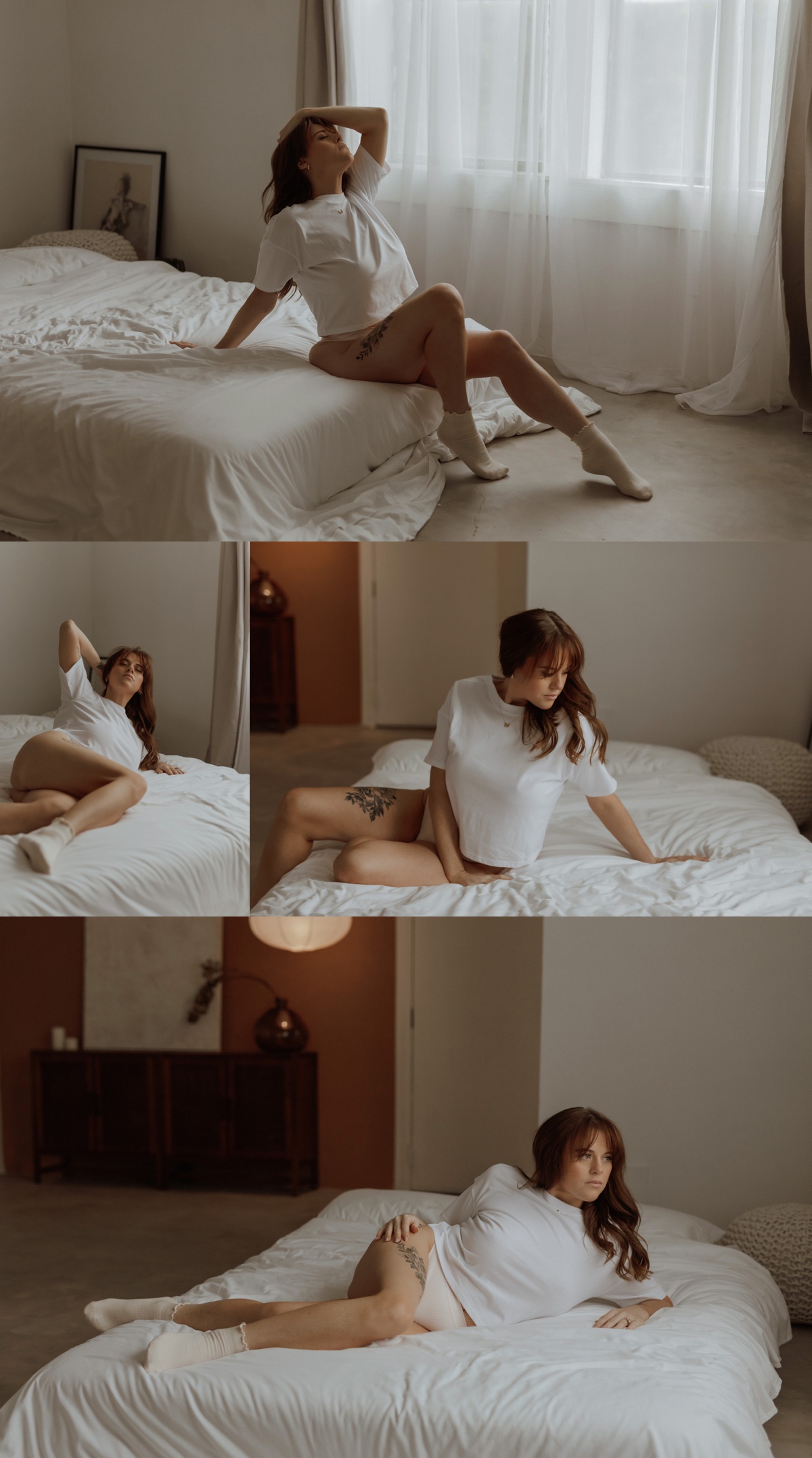 Woman in plain t-shirt laying across mattress with hand on her hip by Mary Castillo Photography