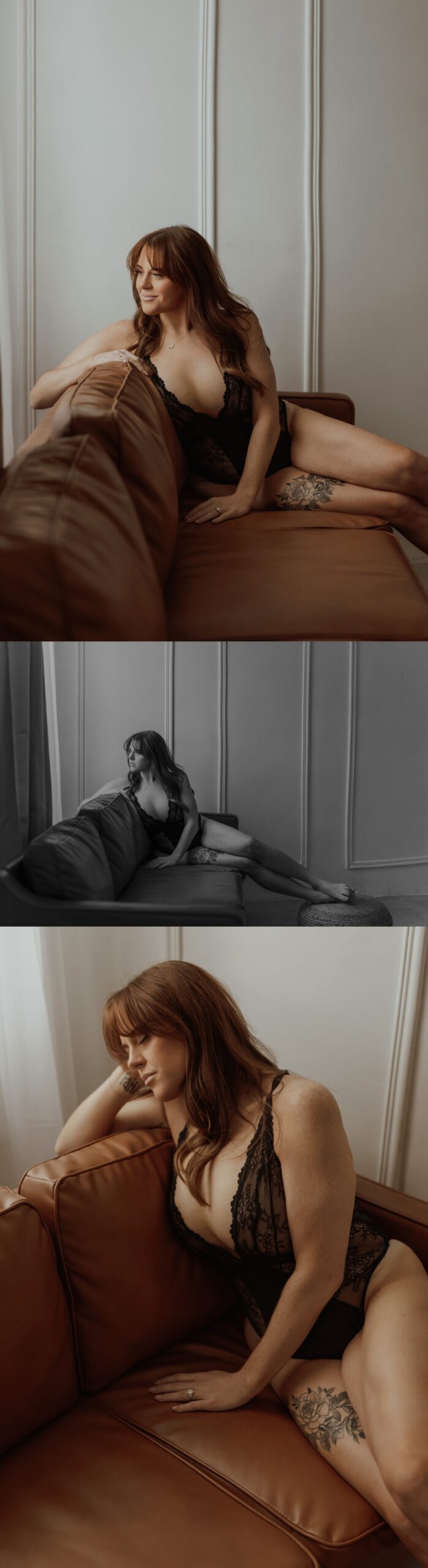 Lady in black lacey leotard sitting on leather couch during empowered portrait session