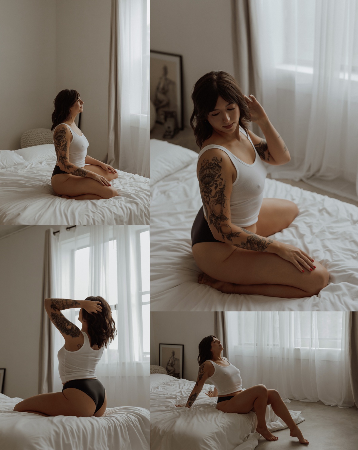 Woman sits on white bedding during Lacey Natural Light Session