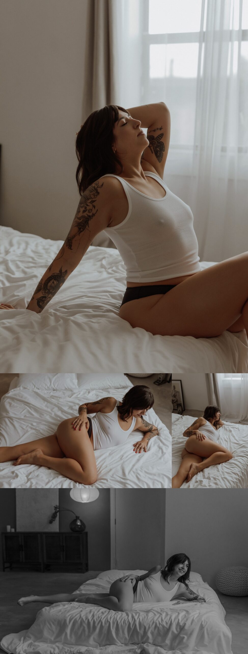Minneapolis Boudoir Photographer captures Female in white tank top poses on comforter 