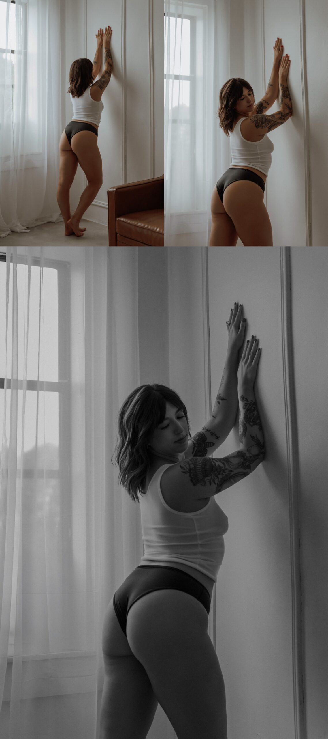 Woman in black panties leaning on wall by Mary Castillo Photography
