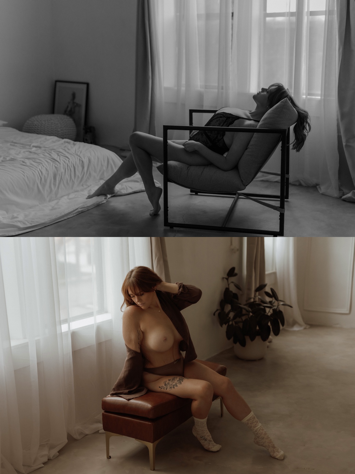 Woman in black lingerie poses on leather chair near window light by Mary Castillo Photography