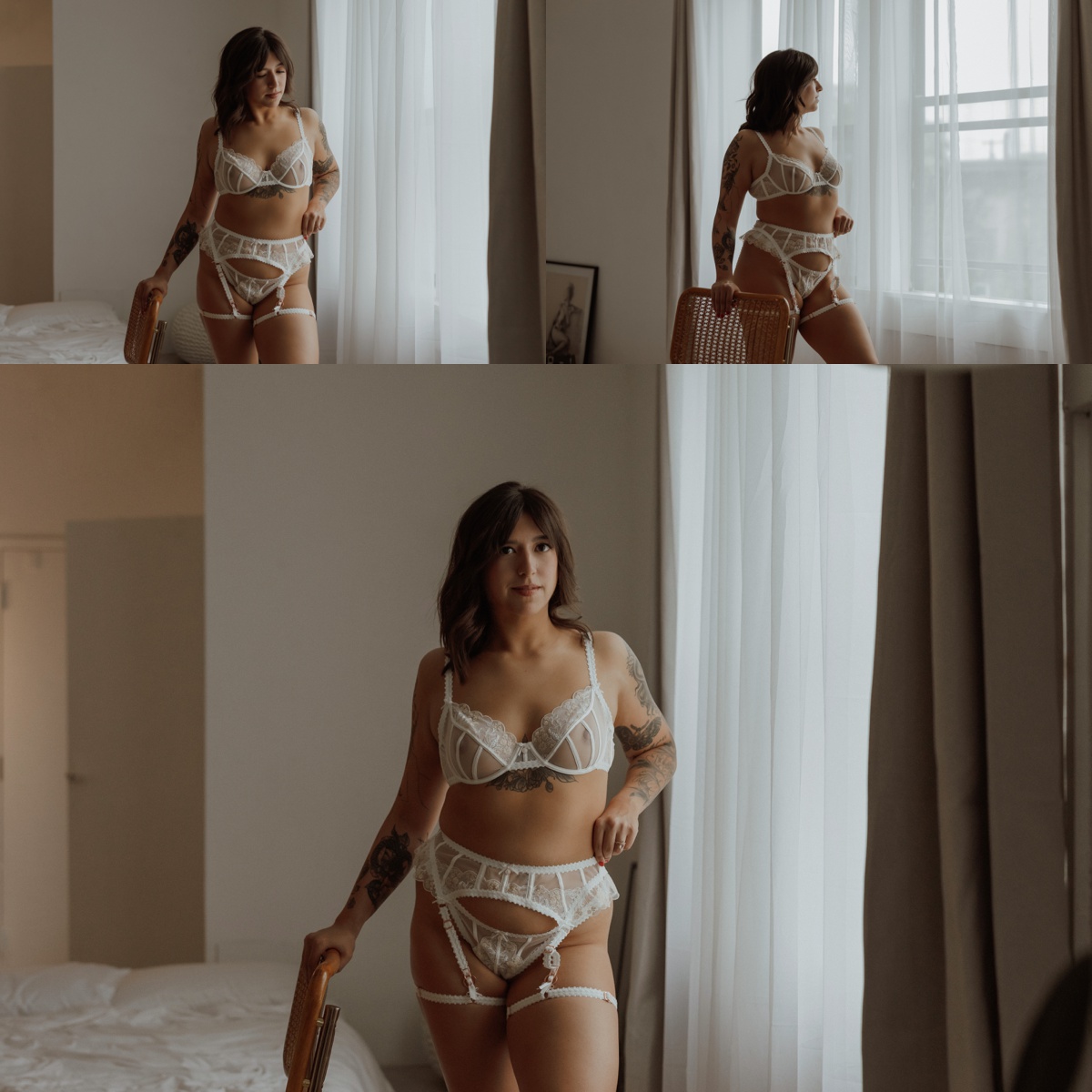Minneapolis Boudoir Photographer captures lady posing in white garters 