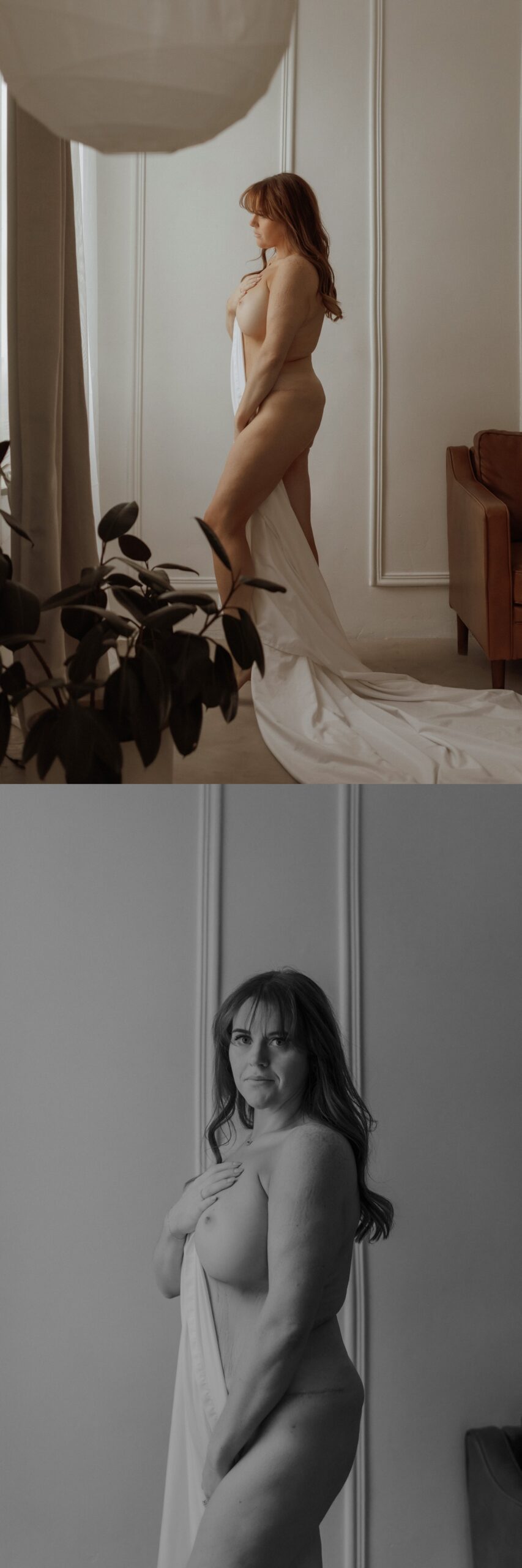 Lady stands in window light in white studio during empowered portrait session
