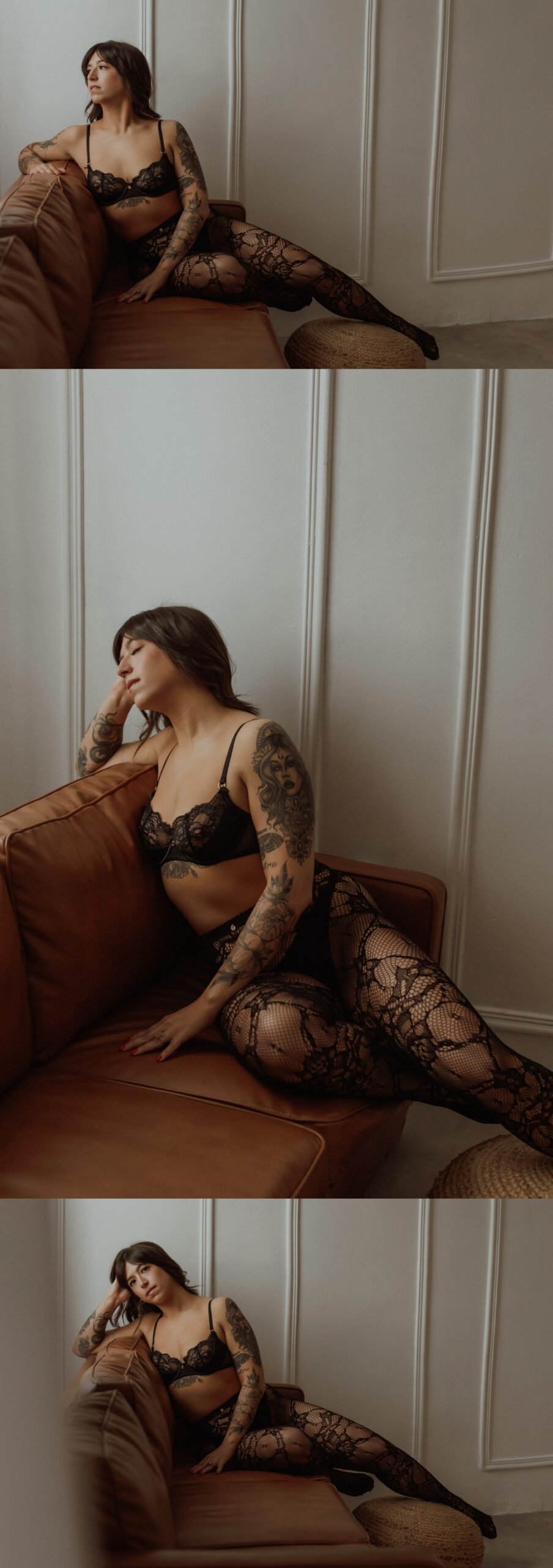 Minneapolis Boudoir Photographer captures woman sitting contently on leather couch