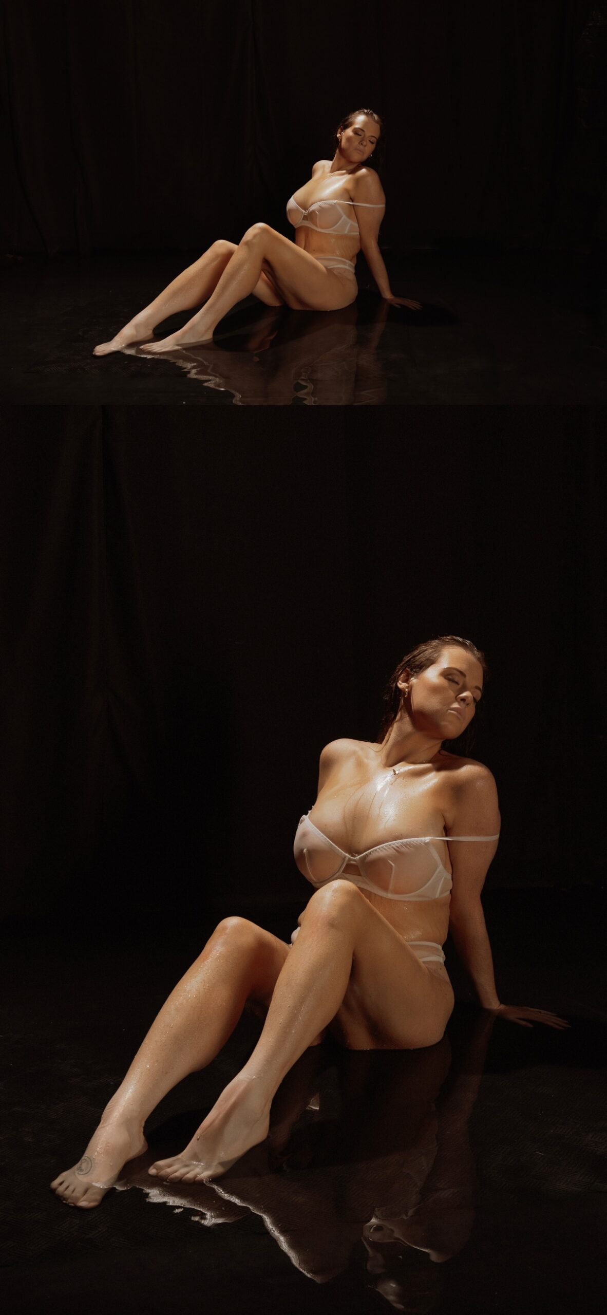 Woman in white lingerie sitting with legs stretched out against black backdrop by Mary Castillo Photography