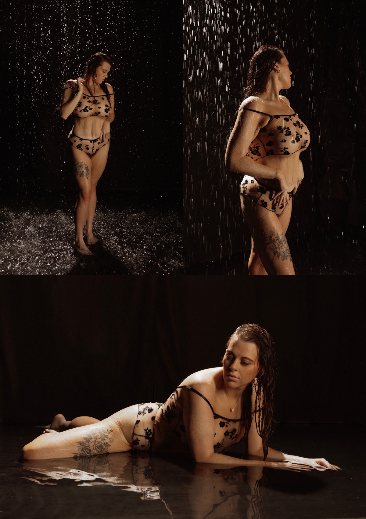 Lady in black lingerie poses in rainfall boudoir studio by Mary Castillo Photography