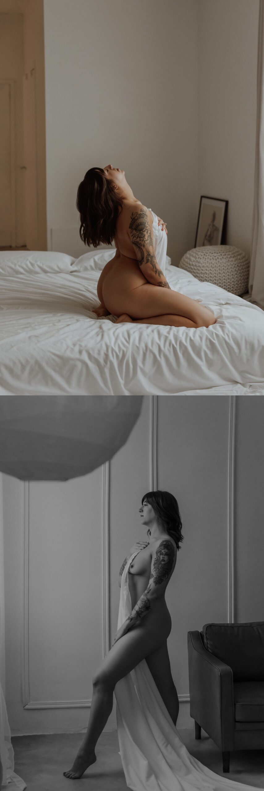 Woman elegantly posed on bed near window light by Mary Castillo Photography