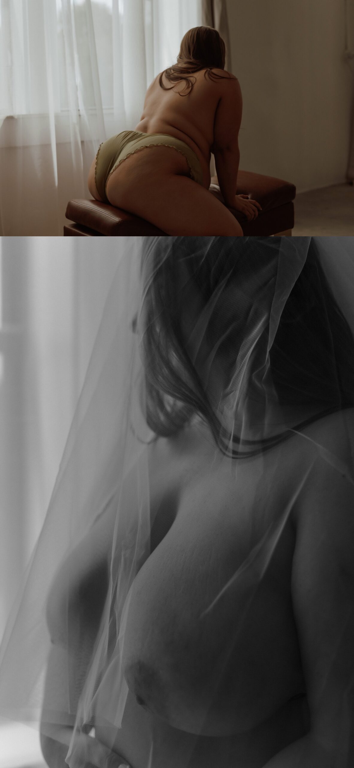 Bride in veil facing window posing for album as #1 Product Brides Choose