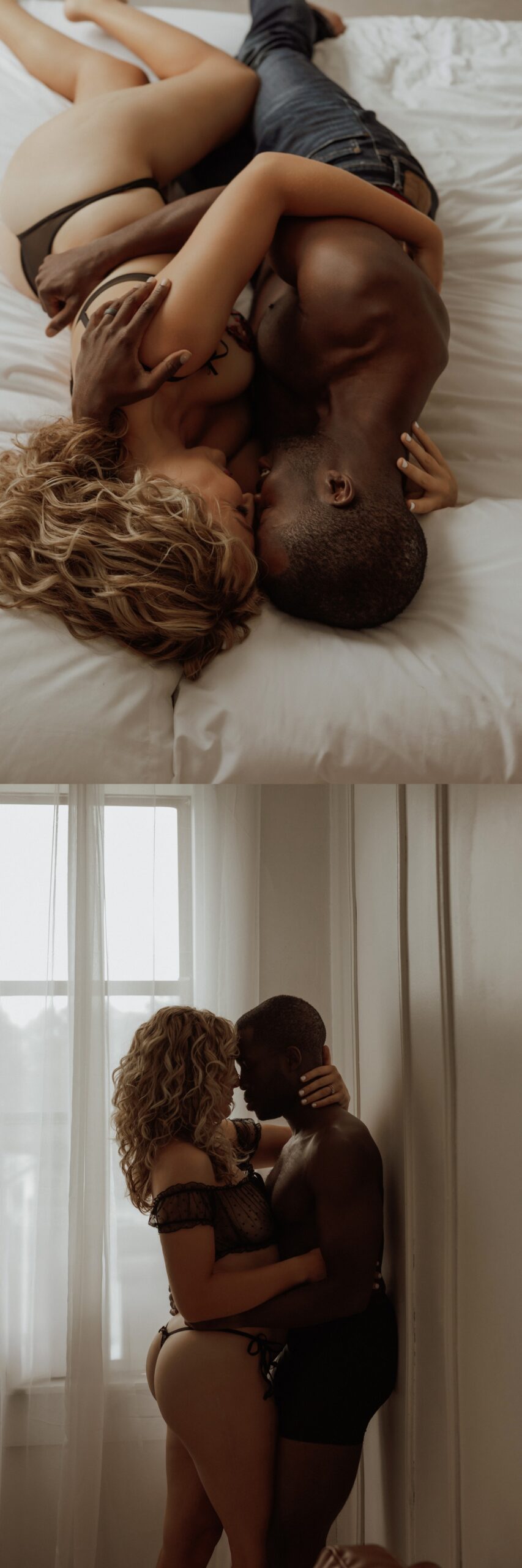 Minneapolis Boudoir Photographer captures man and woman holding each other on a lush white bed