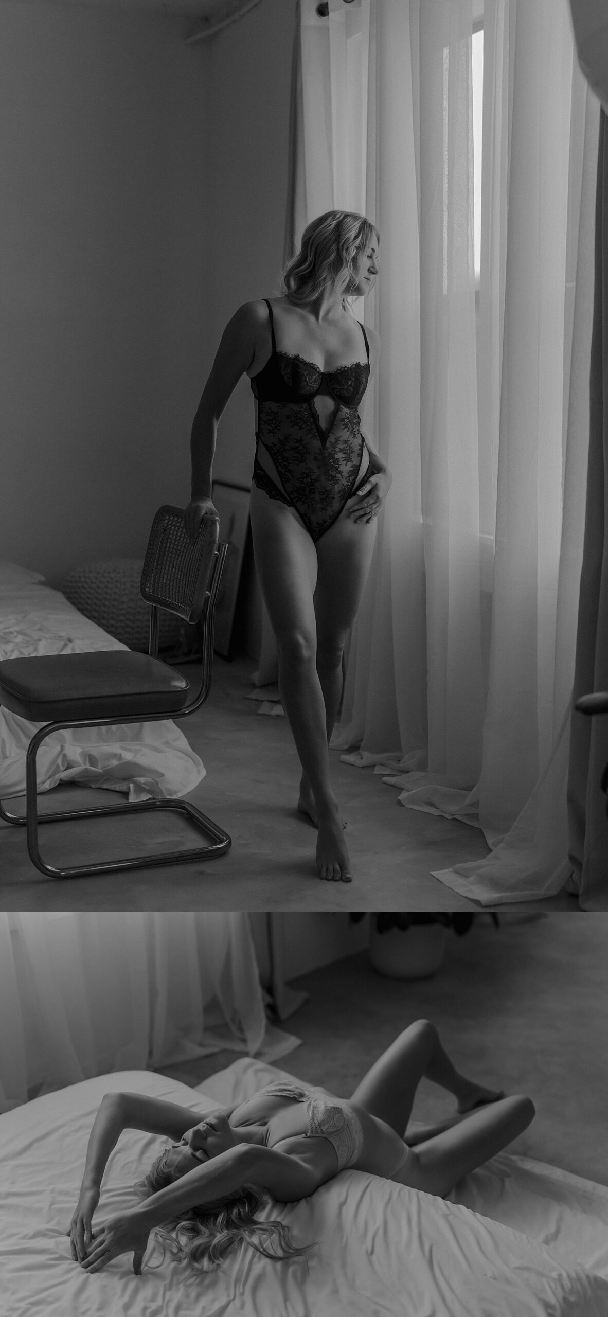 client in lace bodysuit looks out window by Mary Castillo Photography