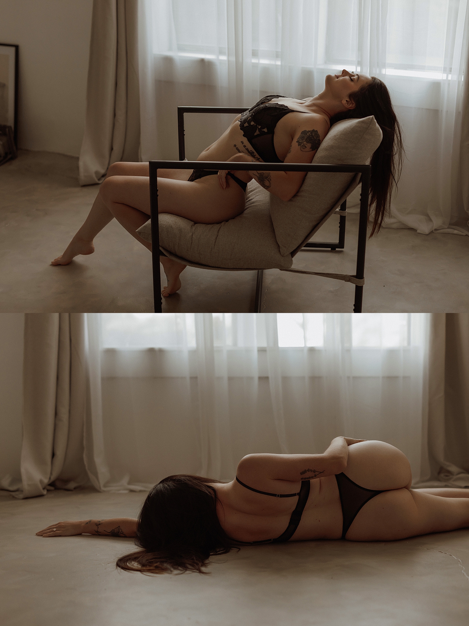 bride to be sits in oversized chair in black lace set by Mary Castillo Photography